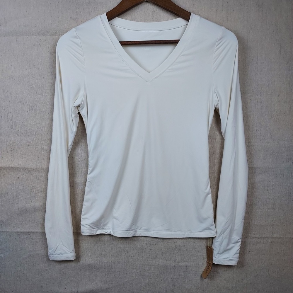 EasyGala Womens S Athletic V Neck Long Sleeve Top White Stretch NWTClean...